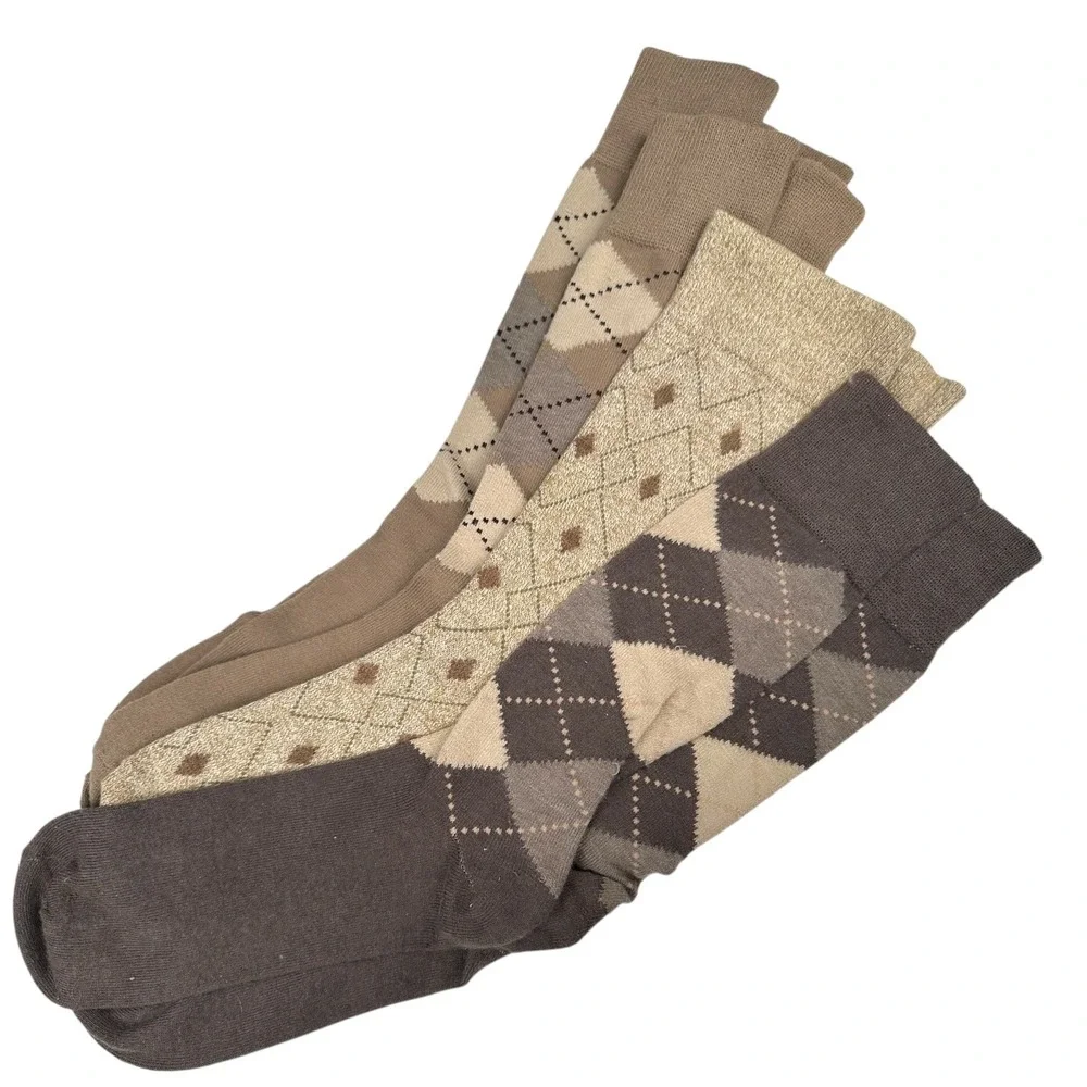 VTG Argyle and Metallic Diamond Crew Socks Bundle 4 Pairs Brown Tan Gold Neutral